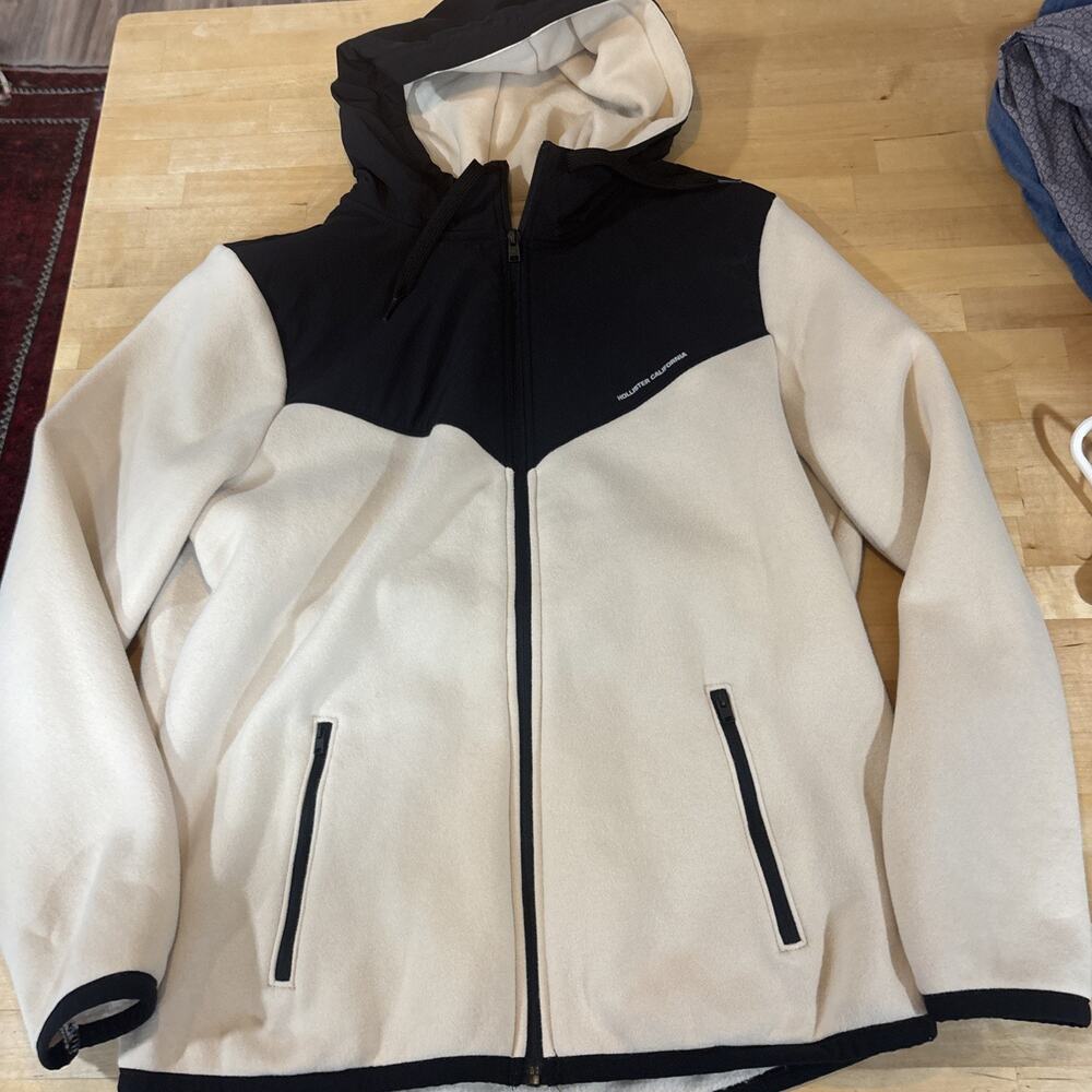 Hollister California men's full-zip fleece hoodie in cream and black Size XL